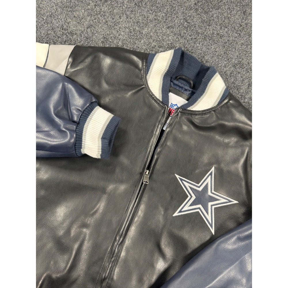 Dallas Cowboys NFL Faux Leather Full Zip Varsity Jacket Men's Large Black Blue